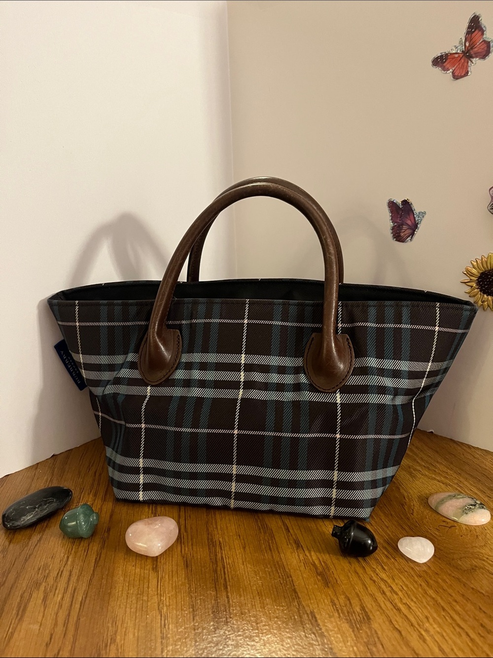 BURBERRY Classic Plaid Tote Bag with Brown Leather Handles - Black/Blue